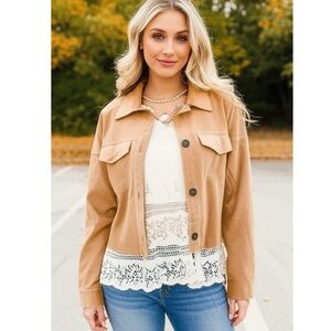 Boutique Faux Suede Boxy Fit Light Shacket Jacket in Camel Beige
